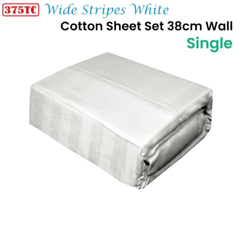375TC 100% Cotton Wide Stripes White Sheet Set Single 38cm Wall