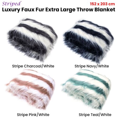 Striped Luxury Faux Fur Long Hair Extra Large Throw Blanket 152 x 203 cm