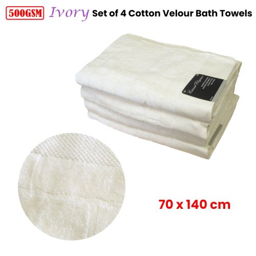 500GSM Set of 4 100% Cotton Velour Bath Towels Ivory 70 x 140 cm