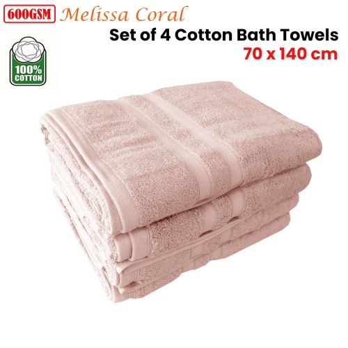 Set of 4 Melissa 100% Cotton Bath Towels Coral 70 x 140 cm