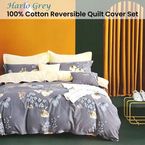 Harlo Grey 100% Cotton Reversible Quilt Cover Set