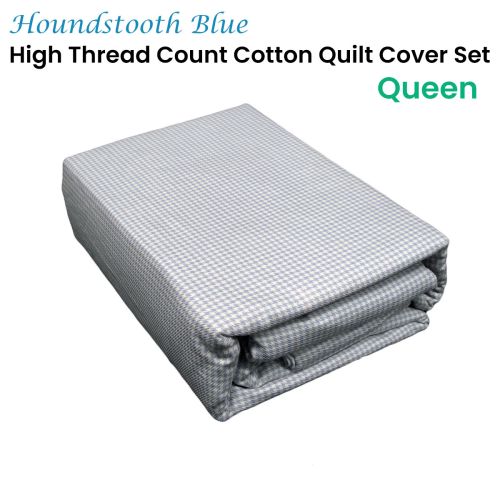 Houndstooth Blue High Thread Count Cotton Quilt Cover Set Queen