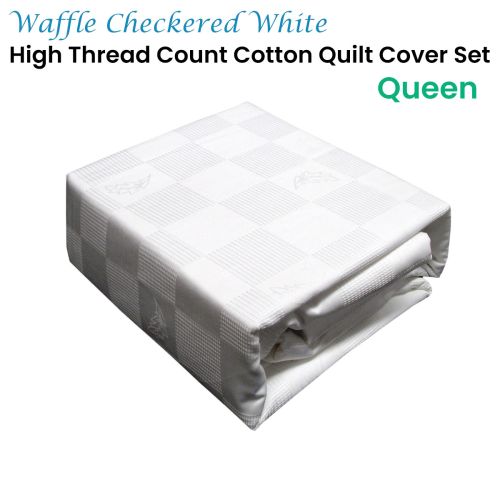 Waffle White High Thread Count Cotton Quilt Cover Set Queen