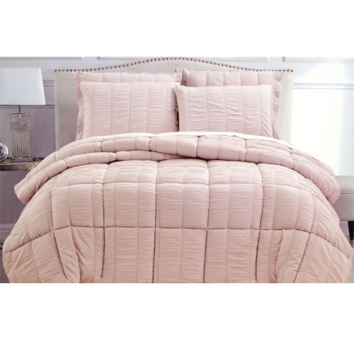 3 Piece Seersucker Comforter Set Light Pink by Hotel Living