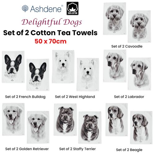 Set of 2 Delightful Dogs Kitchen Tea Towels 50 x 70 cm