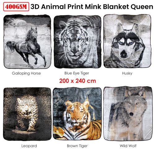 400gsm Soft 3D Animal Print Faux Mink Blanket Queen 200x240 cm