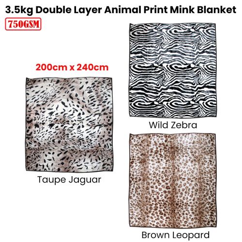 750gsm 3.5kg Double Layer Animal Print Faux Mink Blanket Queen 200x240 cm