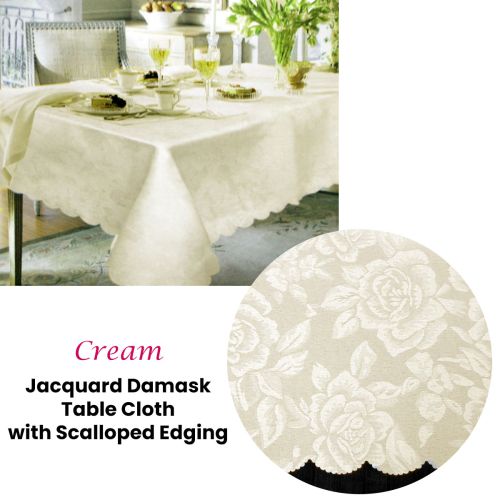 Jacquard Damask Rose Design with Scalloped Edging Rectangular Table Cloth Cream