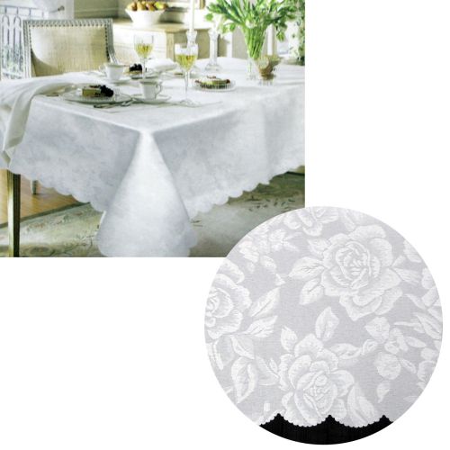 Jacquard Damask Rose Design with Scalloped Edging Rectangular Table Cloth White