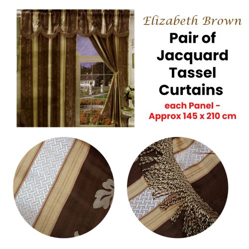 Pair of Elizabeth Brown Jacquard Tassels Unlined Curtains 145 x 210 cm