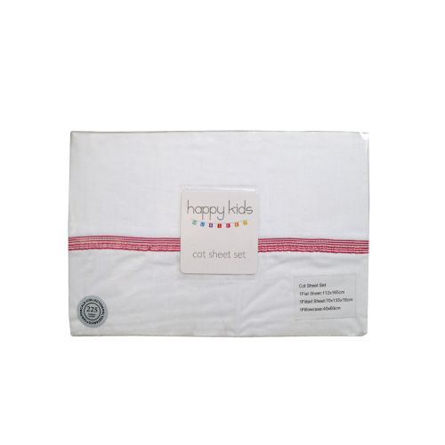 White with Pink Stripe Trim Polyester Cotton Cot Sheet Set
