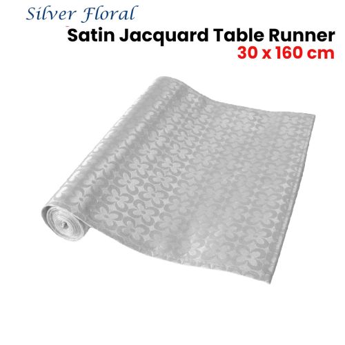 Silver Floral Satin Jacquard Table Runner 30 x 160cm