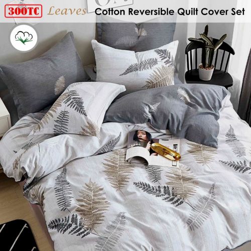 300TC Leaves Reversible Cotton Quilt Cover Set