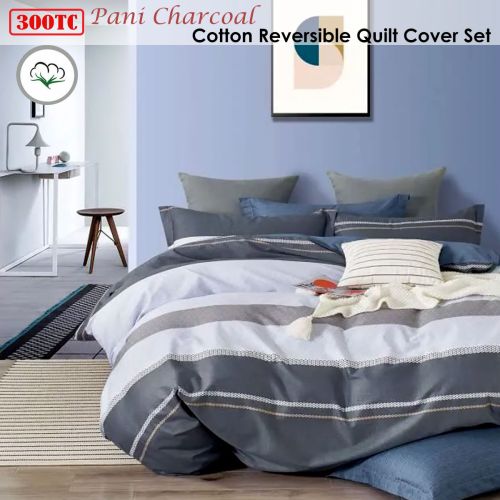 300TC Pani Charcoal Reversible Cotton Quilt Cover Set