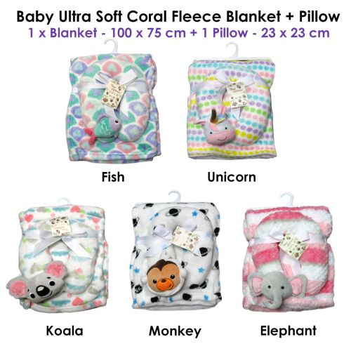 Baby Animal Ultra Soft Coral Fleece Blanket + Pillow