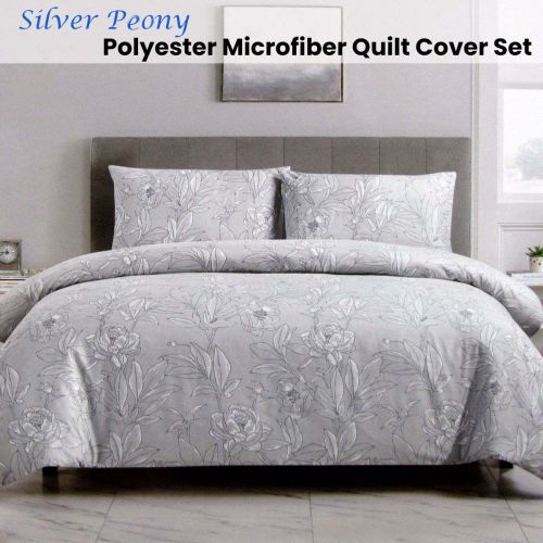 Silver Peony Floral Printed Microfiber Polyester Quilt Cover Set by Artex