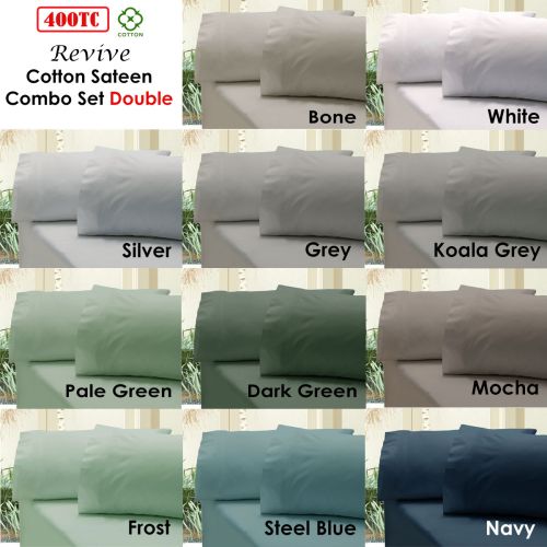 Revive 400TC Cotton Sateen Combo Fitted Sheet Set Double (No Flat)