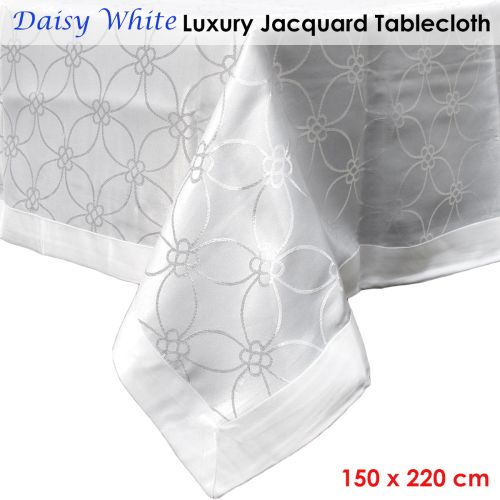 Daisy White Luxury Jacquard Tablecloth 150 x 220 cm