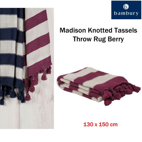 Madison Knotted Tassels Throw Rug Berry 130 x 150 cm by Bambury
