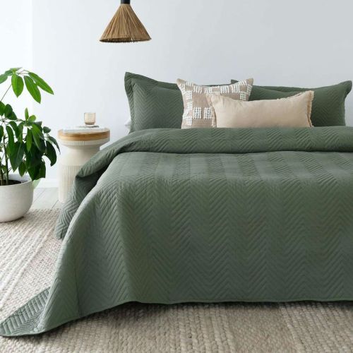 Lightly Quilted Herringbone Moss Coverlet Set by Bambury