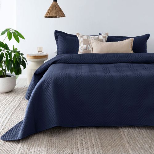 Lightly Quilted Herringbone Navy Coverlet Set by Bambury