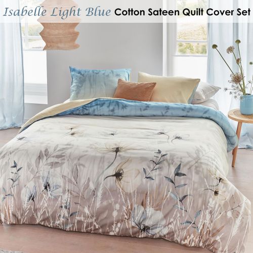 Isabelle Light Blue Cotton Sateen Quilt Cover Set by Bedding House