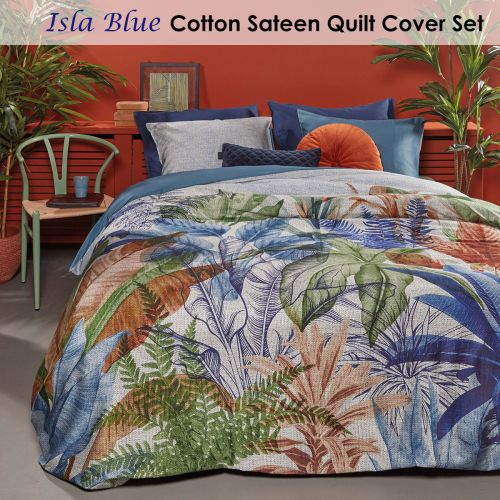 Isla Blue Cotton Sateen Quilt Cover Set by Bedding House