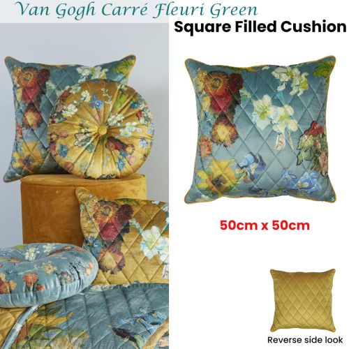 Van Gogh Carré Fleuri Green Square Filled Cushion 50cm x 50cm by Bedding House