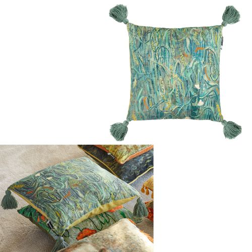 Van Gogh Ears of Wheat Green Filled Square Cushion by Bedding House