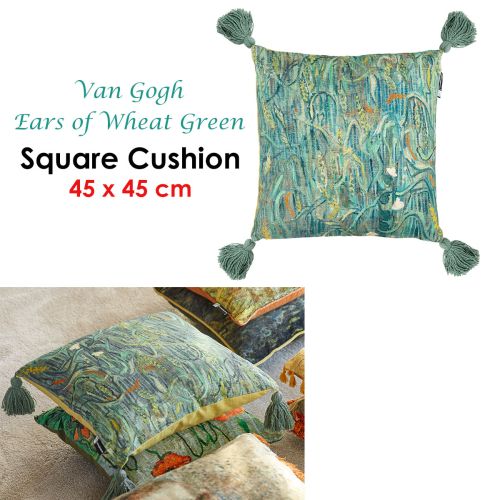 Van Gogh Ears of Wheat Green Filled Square Cushion by Bedding House