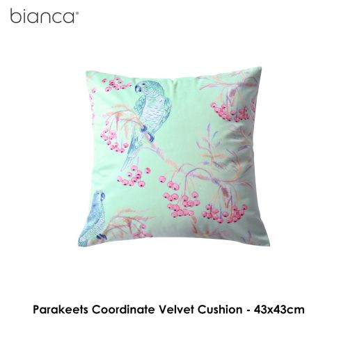 Parakeets Coordinate Velvet Square Cushion by Bianca