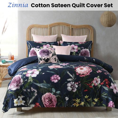 Zinnia Navy Cotton Sateen Quilt Cover Set by Bianca
