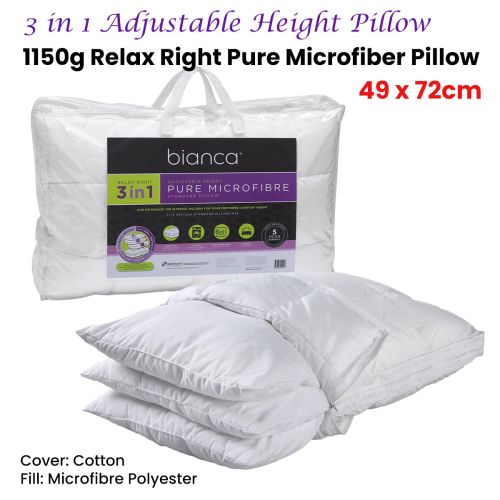 1150g Relax Right Pure Microfiber 3 in 1 Adjustable Standard Pillow 49 x 72cm by Bianca
