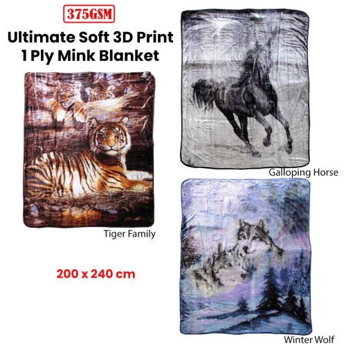 375gsm 1 Ply 3D Print Faux Mink Blanket Queen 200x240 cm