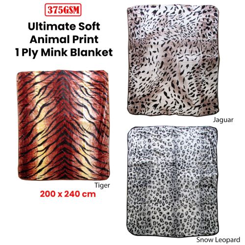 375gsm 1 Ply Animal Print Faux Mink Blanket Queen 200x240 cm