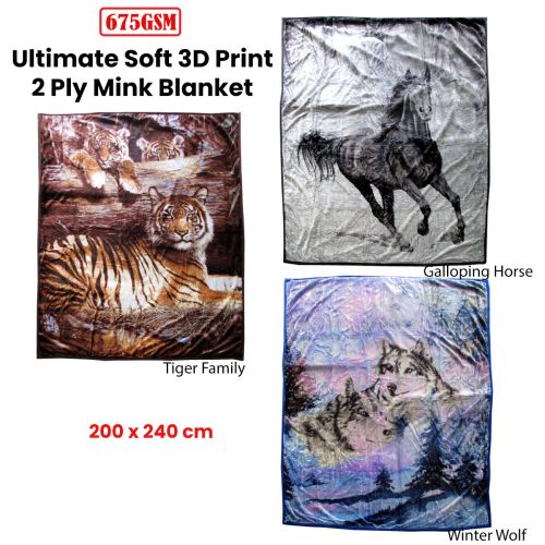 675gsm 2 Ply 3D Print Faux Mink Blanket Queen 200x240 cm