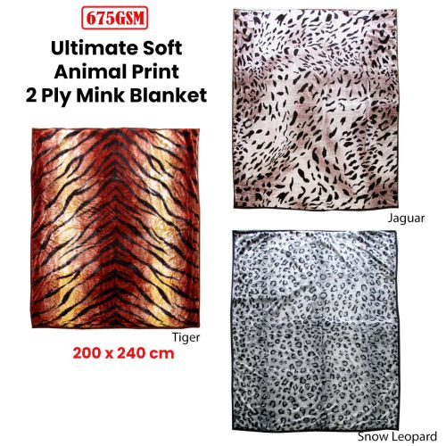 675gsm 2 Ply Animal Print Faux Mink Blanket Queen 200x240 cm