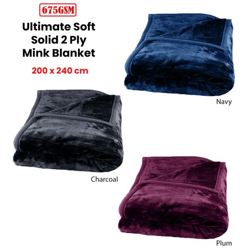 675gsm 2 Ply Solid Faux Mink Blanket Queen 200x240 cm