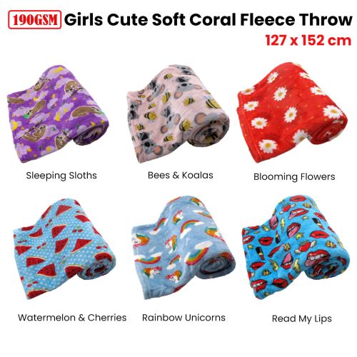 190GSM Girls Cute Ultra Soft Coral Fleece Throw 127 x 152cm