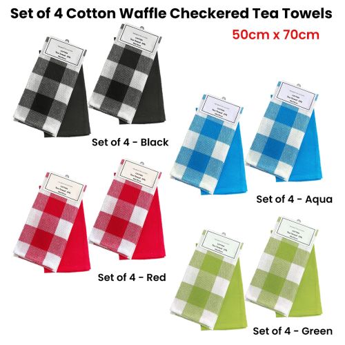 Set of 4 Cotton Waffle Checkered & Plain Dyed Tea Towels 50cm x 70cm