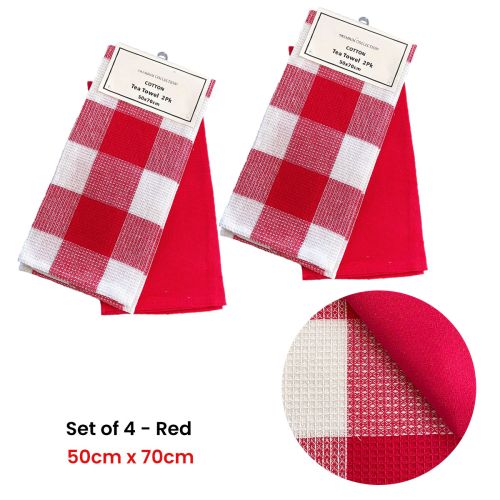 Set of 4 Cotton Waffle Checkered & Plain Dyed Tea Towels 50cm x 70cm