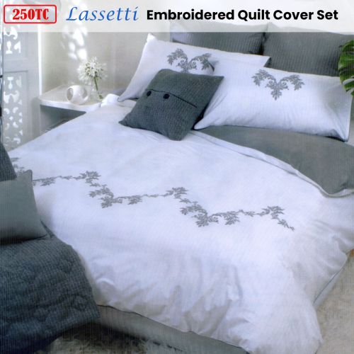 250TC Lassetti White Embroidered Quilt Cover Set Queen by Canterbury