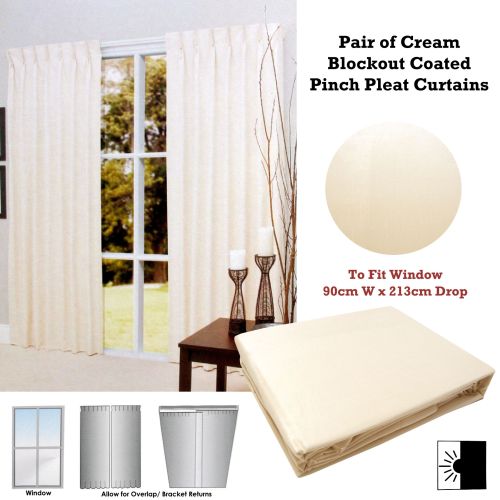 Pair of Cream Blockout Pinch Pleat Curtains to Fit Window 90 x 213cm