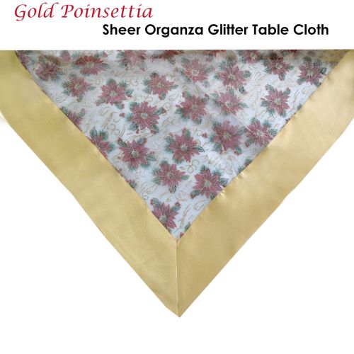 Christmas Gold Poinsettia Sheer Organza Glitter Table Cloth