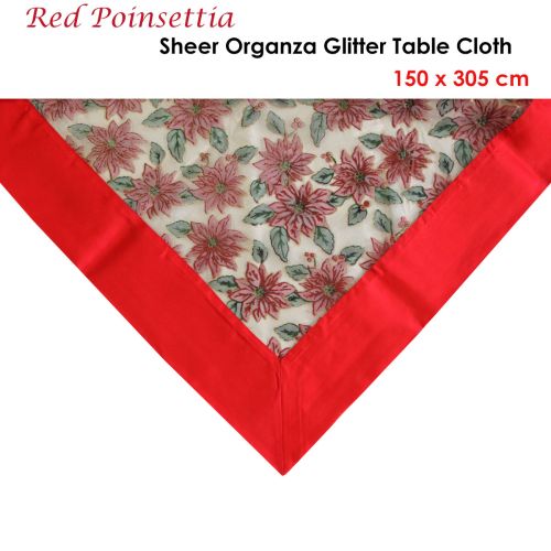 Christmas Red Poinsettia Sheer Organza Glitter Table Cloth 150 x 305 cm