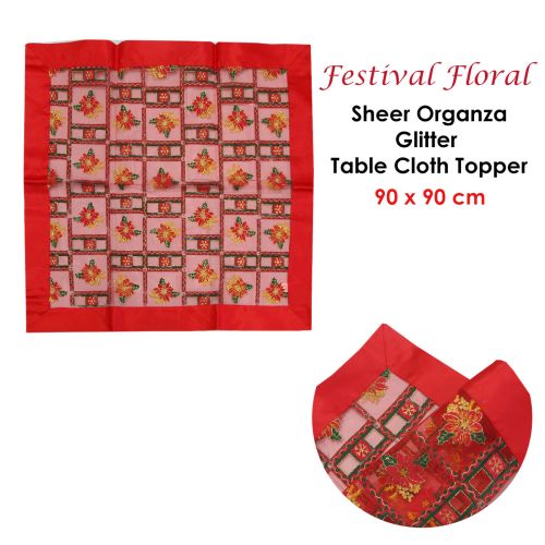 Christmas Red Festival Floral Sheer Organza Glitter Table Cloth Topper 90 x 90 cm