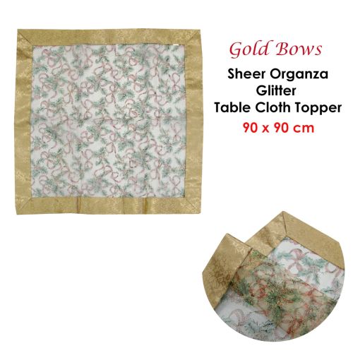 Christmas Gold Bows Sheer Organza Glitter Table Cloth Topper 90 x 90 cm