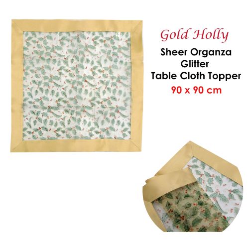Christmas Gold Holly Sheer Organza Glitter Table Cloth Topper 90 x 90 cm