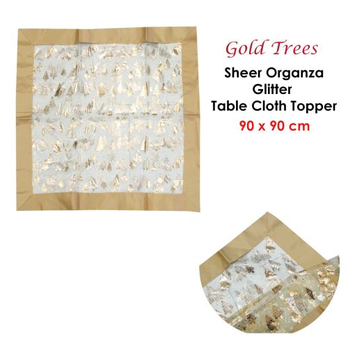 Christmas Gold Trees Sheer Organza Glitter Table Cloth Topper 90 x 90 cm