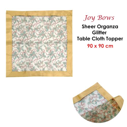 Christmas Gold Joy Bows Sheer Organza Glitter Table Cloth Topper 90 x 90 cm